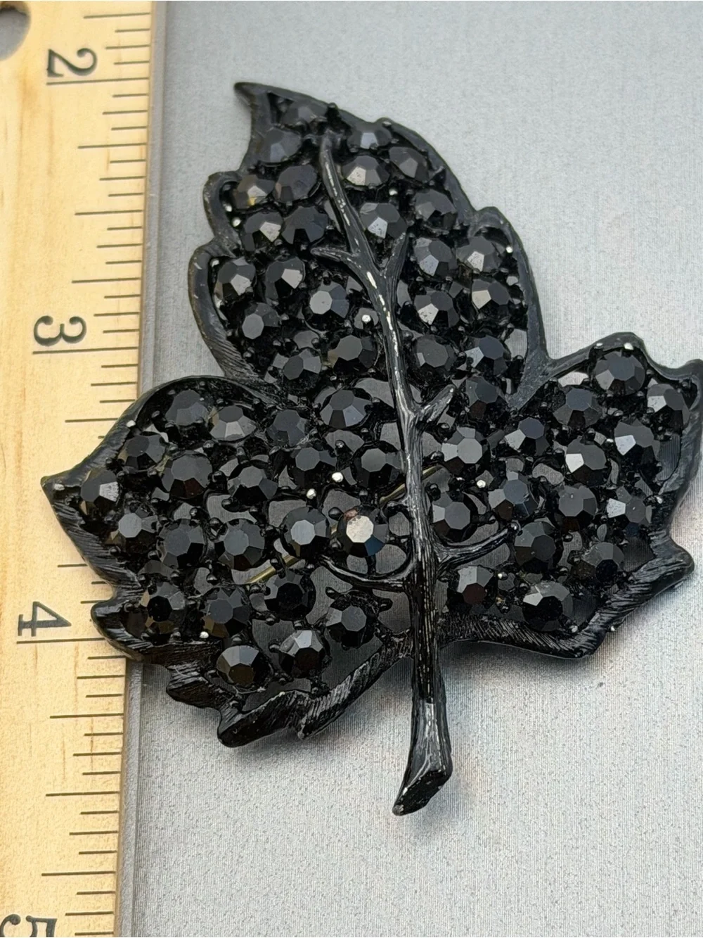 Weiss Jet Black Enamel Rhinestones Blackenned Leaf Brooch Vintage Signed 2 3/4”